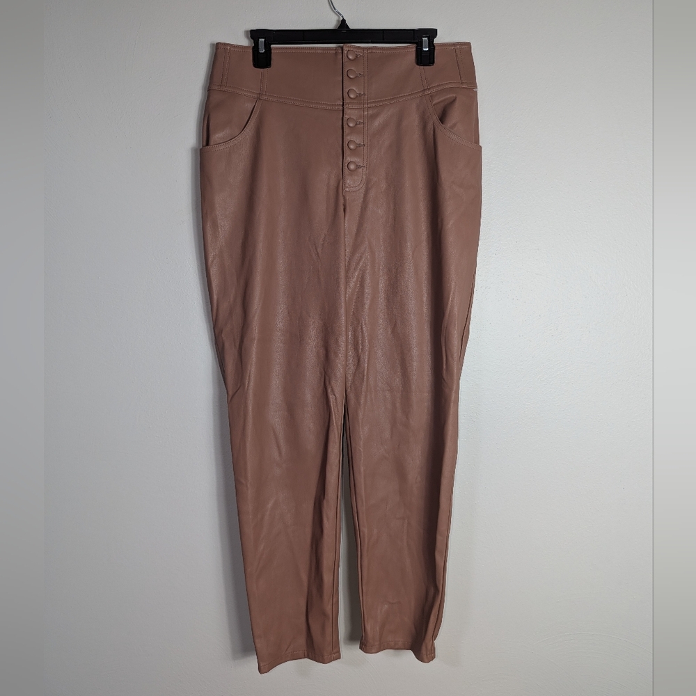 12 Bar III High Waist Button Front Faux Leather Brown Pants